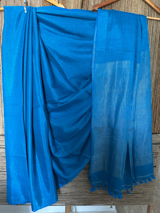 BLUE SILVER TISSUE LINEN ZARI SARI WITH WOVEN RED BORDER