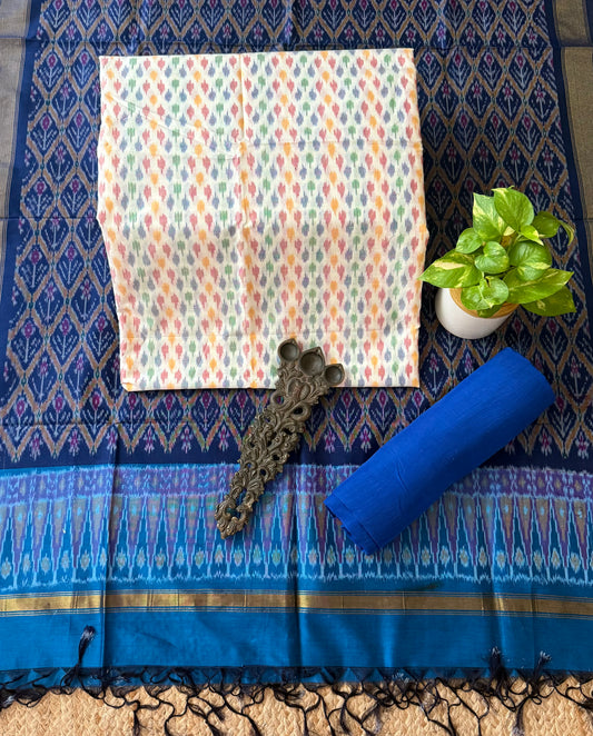 White multi ikkat pure silk cotton hanwoven kurta with Bottom ikkat pure silk patola handwoven dupatta
