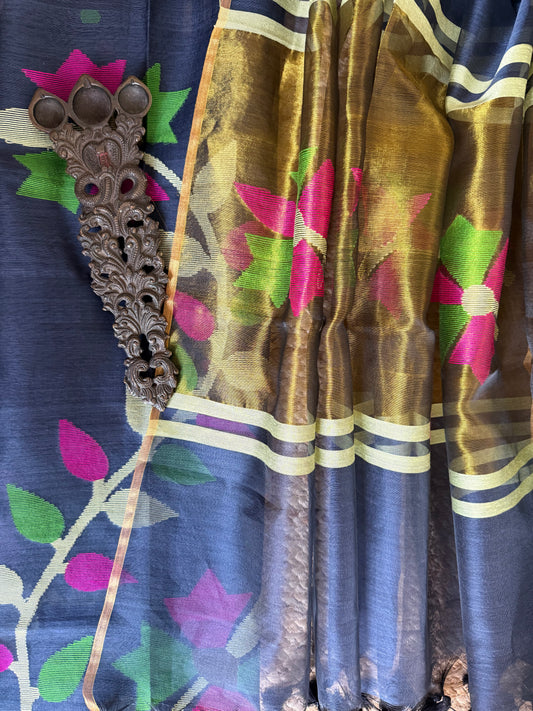 PRUSSIAN BLUE HANDWOVEN JAMDANI PURE MUSLIN SILK KURTA SET MJK-110