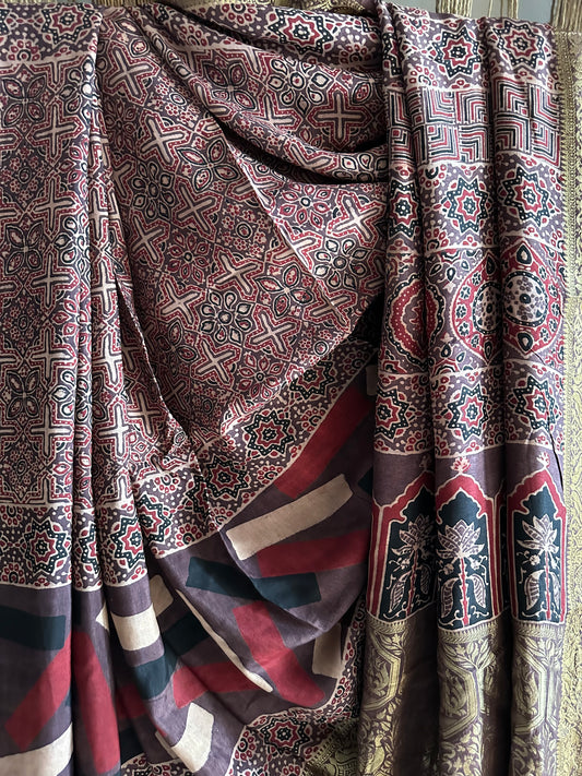 CHIKOO BROWN DOLA  SILK AJRAKH ZARI BORDER SARI