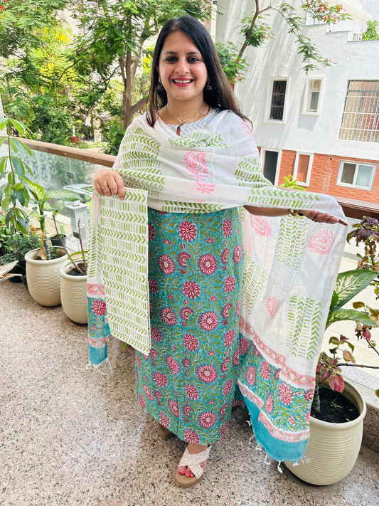 TURQUOISE PINK LINEN COTTON HANDBLOCK SUIT SET