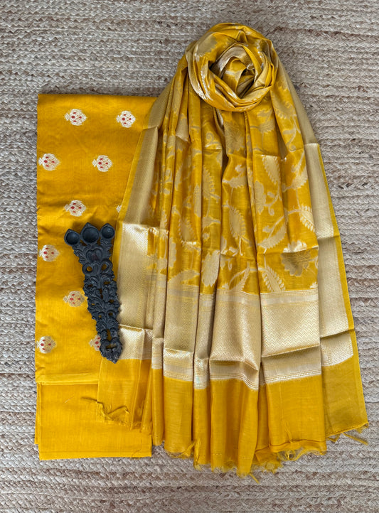 Mustard Yellow chanderi handloom  banarsi booti three piece suit