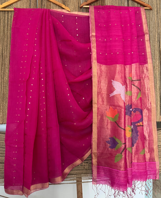 Hot Pink Jamdani sequence work handwoven pure muslin silk sari With Paithani Jamdani Pallu  and  Matka Silk Blouse Piece