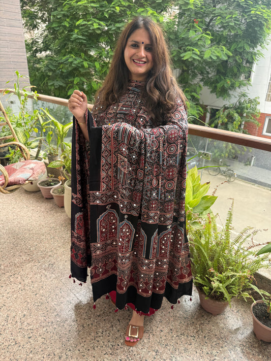 Maroon Modal Silk Kurta With Black Ajrakh Handcrafted Mirror Work Modal Silk Dupatta