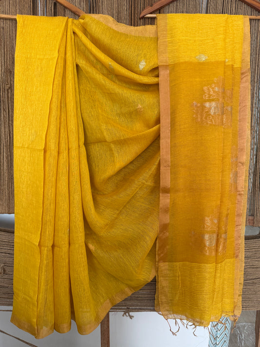 ORANGE YELLOW COPPER TISSUE LINEN JAMDANI HANDWOVEN SARI WITH ELEGANT WOVEN MOTIFS