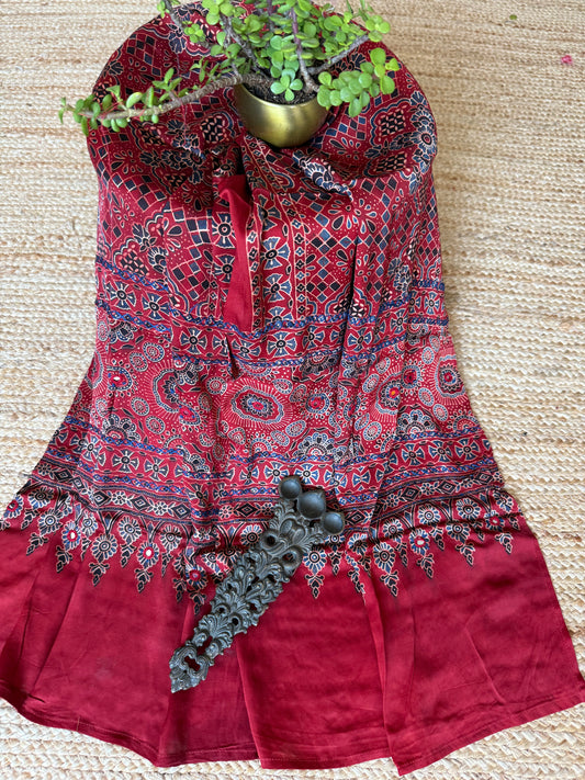 MAROON AJRAKH MODAL SILK STOLE WITH HAND EMBROIDERY MIRROR WORK