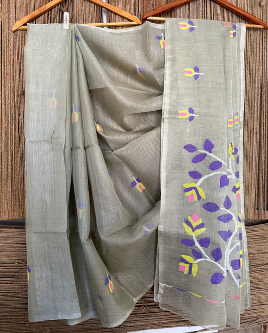 Grey jamdani handwoven pure muslin silk sari
