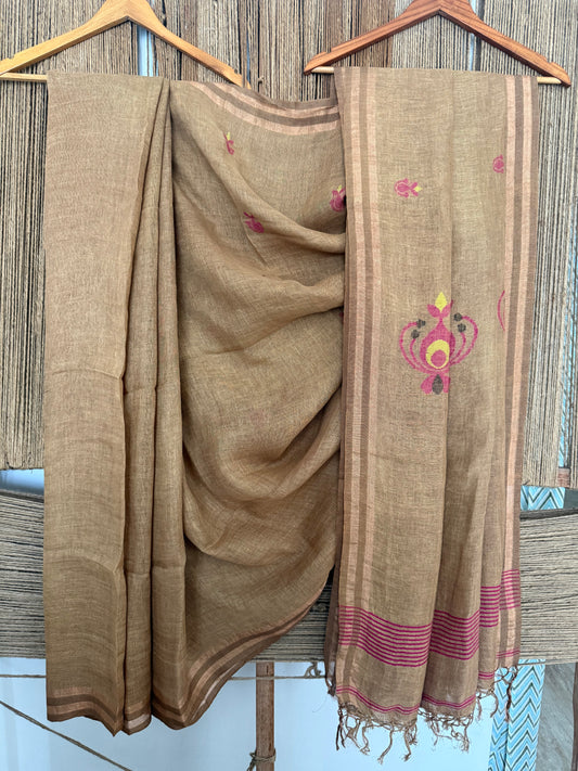 CIDER BROWN HANDWOVEN JAYSHREE LINEN JAMDANI SARI