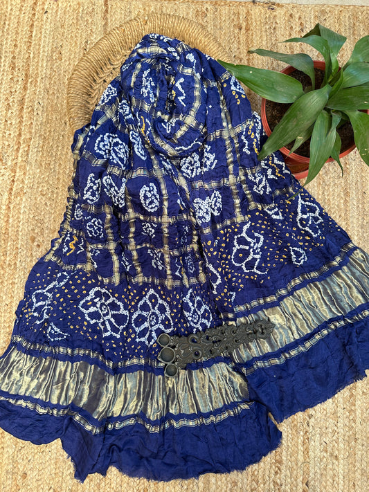 BLUE GHARCHOLA  GAJJI SILK HANDWOVEN AJRAKH DUPATTA