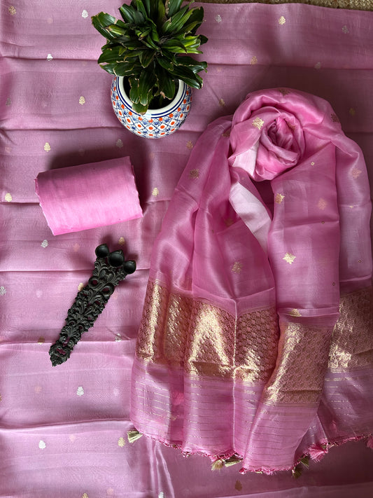Orchid Pink Kora  silk certified handloom Banarsi Booti three piece suit