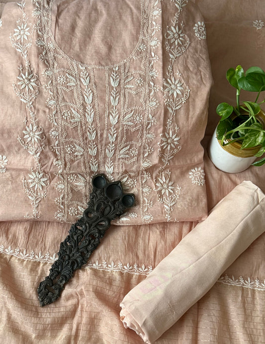 Peach pink premium  chanderi cotton lucknowi chickenkari hand embroidery three piece suit
