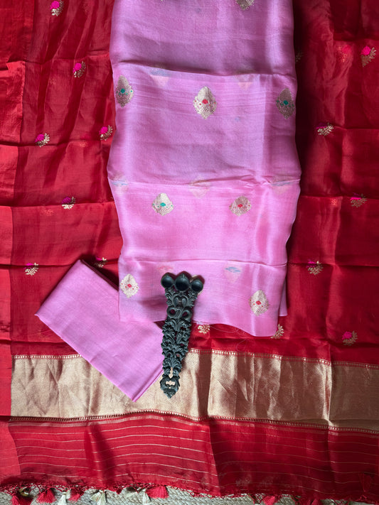 Bubblegum Pink kora silk certified handloom banarsi kadwa booti meenakari three piece suit