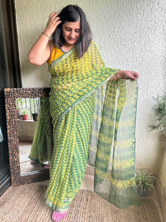 GREEN  AKOLA KOTA DORIA HANDBLOCK SARI