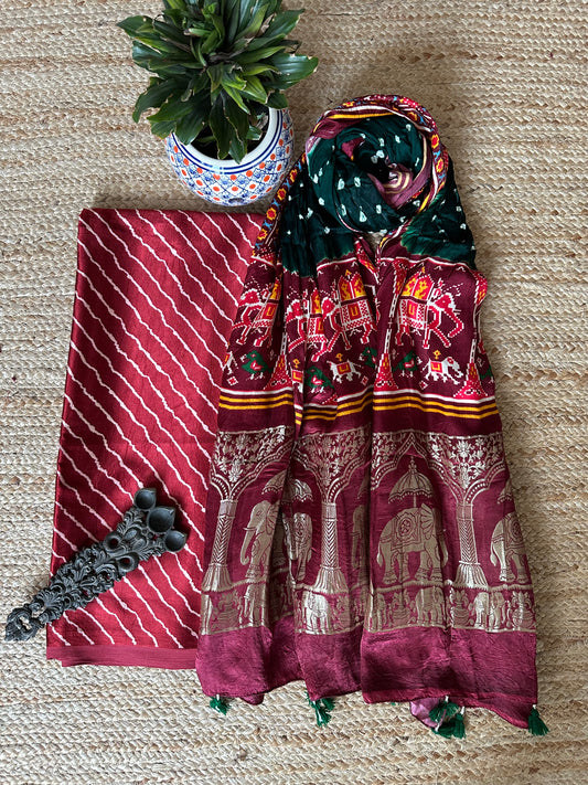 MAROON MASHRU KURTA WITH BANDHANI PICHWAI HANDCRAFTED  MODAL SILK DUPATTAS