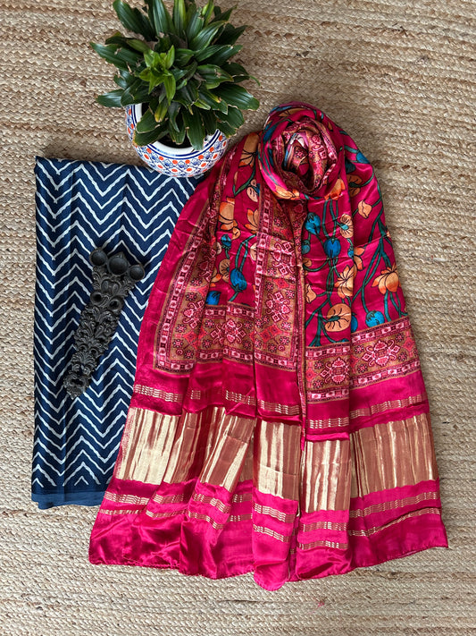 BLUE  MASHRU  SILK KURTA WITH PATOLA HANDCRAFTED MODAL SILK DUPATTA PS- 1012