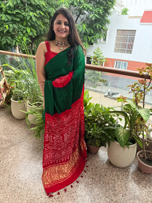 BOTTLE GREEN & RED GAJJI SILK RAI BANDHANI CHAKRA THEME GAJJI SARI  BS- 206