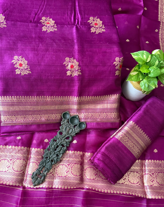 Orchid Purple raw silk certified handloom banarsi kadwa butti with woven zari three piece suit