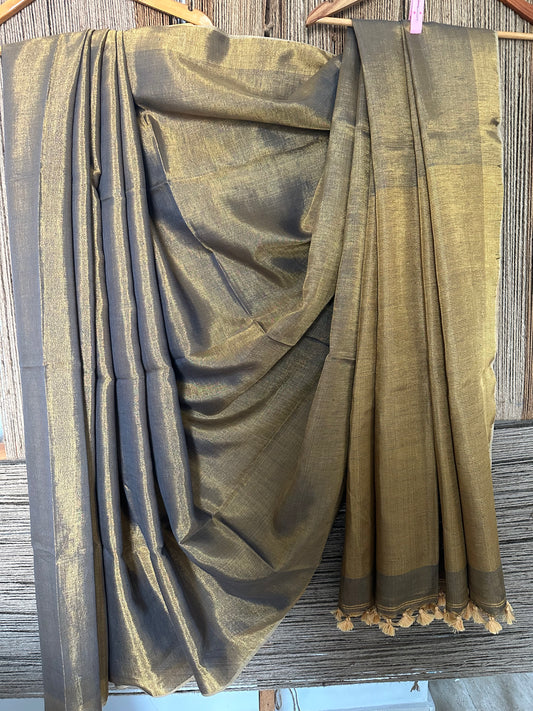 GREY COPPER TISSUE LINEN ZARI SARI WITH WOVEN RED BORDER