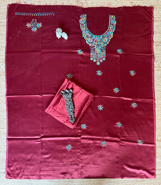 MAROON MASHRU SILK HAND EMBROIDERY KASHMIRI HANDEMBROIDERY SOZNI WORK CORD SET Cs- 26