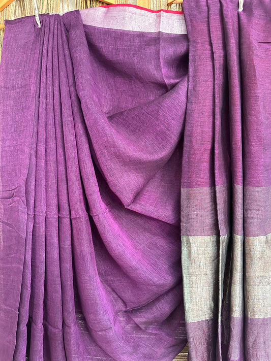 PURPLE LINEN COTTON SARI WITH WOVEN BORDER & RED TASELS AND PALLA