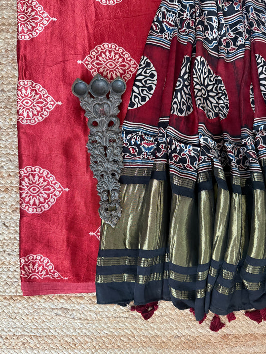 Maroon Mashru Silk Kurta With Black Ajrakh Handcrafted Modal Silk Dupatta