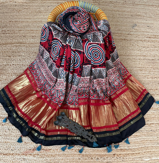Maroon ajrakh silk zari woven dupatta