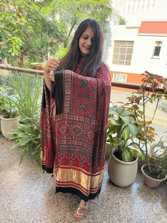 MAROON  AJRAKH MODAL SILK HANDBLOCK KURTA SET