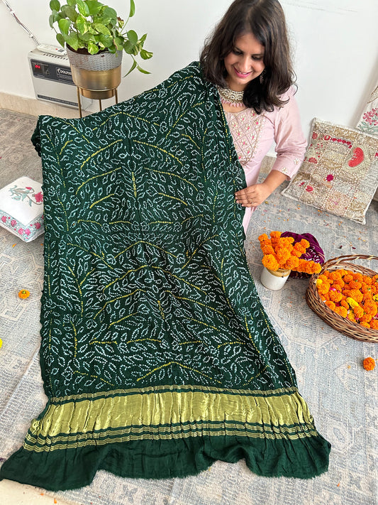 BOTTLE GREEN CHANDMUKHI RAI BANDHANI GAJJI SILK HANDWOVEN  DUPATTA