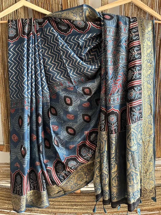 INDIGO BLACK DOLA  SILK AJRAKH ZARI BORDER SARI