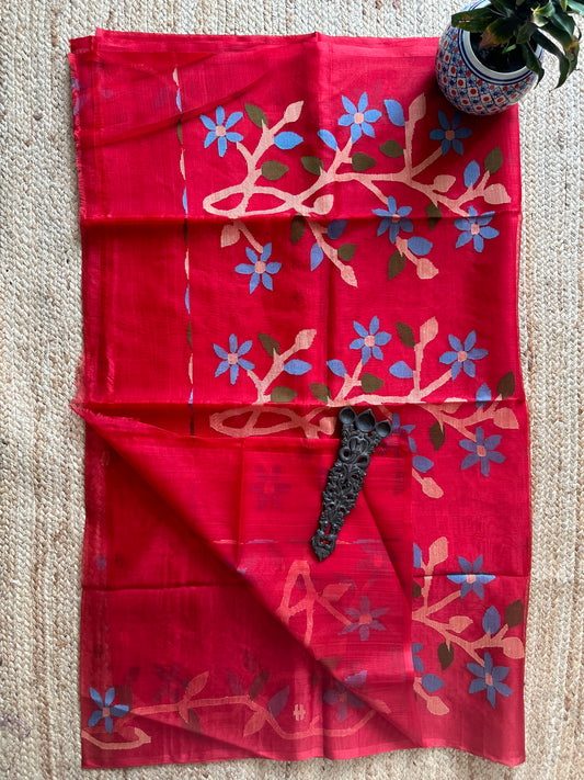 RED JAMDANI HANDWOVEN PURE MUSLIN SILK SARI