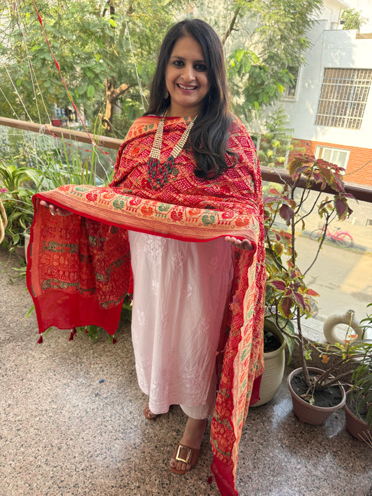 Red Handwoven Bareek Bandhani in Meenakari Jaal  Premium Georgette dupatta