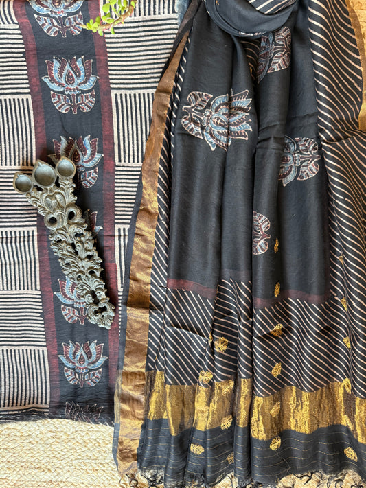 BLACK AJRAKH CONTEMPORARY CHANDERI SILK HANDBLOCK KURTA SET  WITH  COIN  BUTTA DUPATTA
