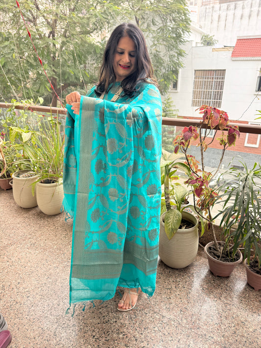 Teal Blue Chanderi handloom  Banarsi Booti three piece suit  CBS-301
