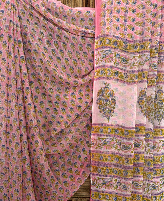 Blush Pink Chiffon handblock sari