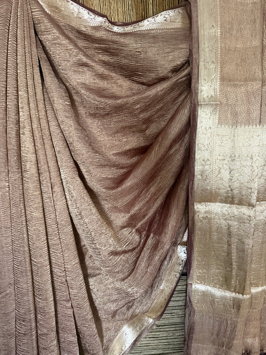Coffee brown banarasi zari crushed tissue sari