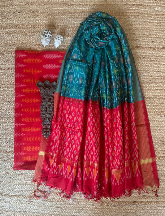 RED IKKAT PURE SILK HANWOVEN KURTA WITH IKKAT PURE SILK HANDWOVEN DUPATTA