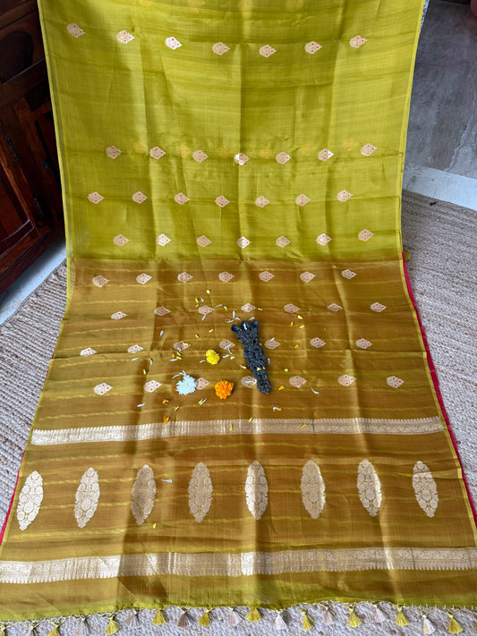 Olive Brown Kora silk certified  handloom banarsi sari with woven zari