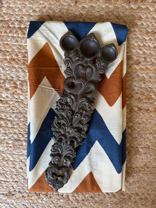 BEIGE & BLUE AJRAKH  HANDCRAFTED COTTON SILK UN STITCHED BLOUSE PIECE