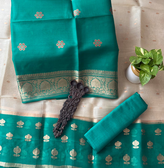 Bright Winter Green kora silk certified handloom banarsi kadwa butti with woven zari three piece suit