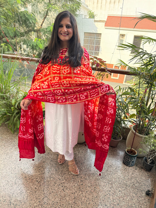 ORANGE & RED HANDWOVEN HANDCRAFTED GAJJI SILK GHARCHOLA DUPATTA GGD-4