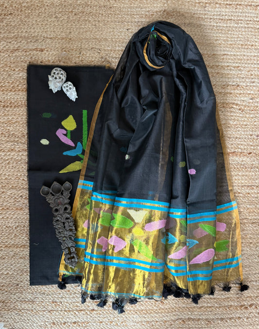 ALL BLACK HANDWOVEN JAMDANI PURE MUSLIN SILK KURTA SET MJK-111