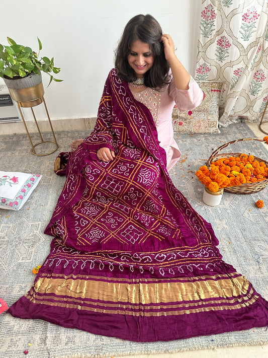 PURPLE CHANDMUKHI RAI BANDHANI GAJJI SILK HANDWOVEN  DUPATTA