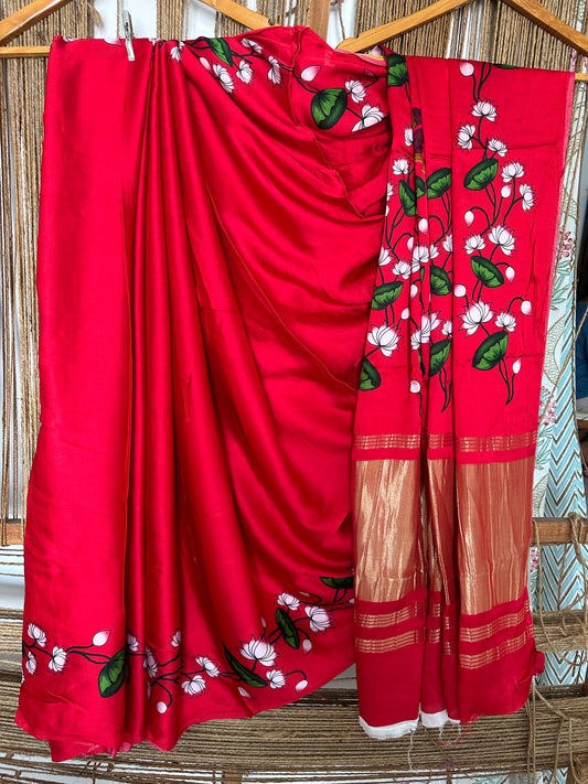 RED PICHWAI MODAL SILK PRINT SARI WITH ZARI BORDER