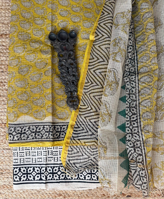 Citrine yellow turquoise kota handblock suit set