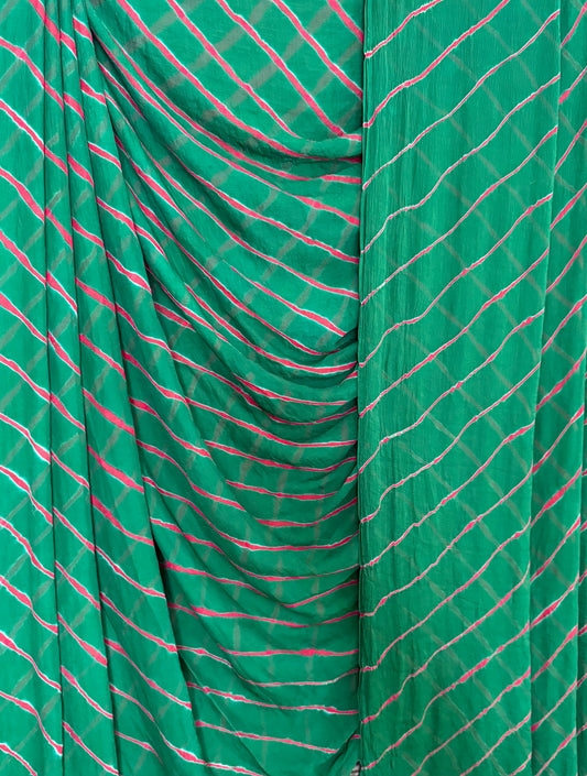 FOREST GREEN MULTI LEHERIYA HANDCRAFTED  CHIFFON SARI CL -203