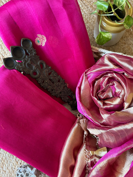 Bright Pink Kora Silk Certified Handloom Banarsi Kadwa Booti Three Piece Suit