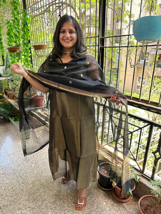 GOLDEN BLACK TISSUE  MAHESHARI SILK HANDLOOM KURTA SET