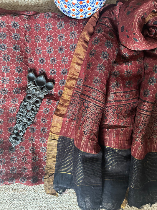 MAROON AJRAKH  LINEN SILK HANDBLOCK SUIT SET