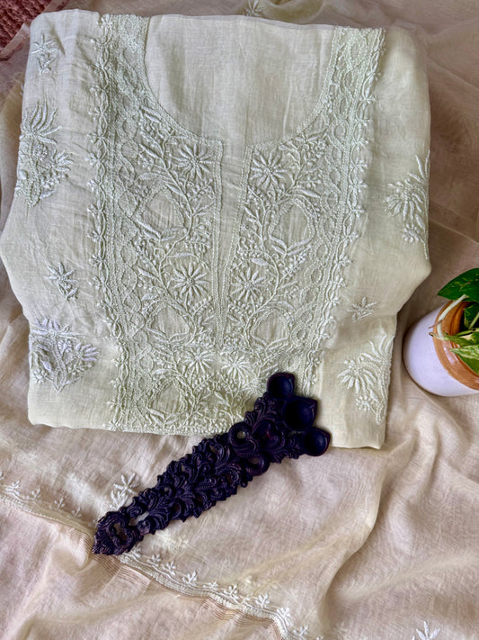 TEA GREEN PINK PREMIUM  MULL CHANDERI LUCKNOWI CHICKENKARI HAND EMBROIDERY THREE PIECE SUIT