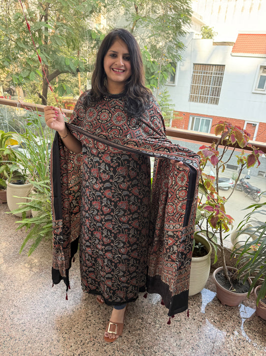 BLACK AJRAKH MODAL SILK HANDBLOCK KURTA SET